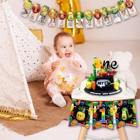 Fruit 1st Birthday Decorations, Dancing Fruit 1st Birthday Decorations Banner Cupcake Topper Highchair Banner First Birthday Crown for Fruit Birthday Decorations for Boys Girls in Kuwait