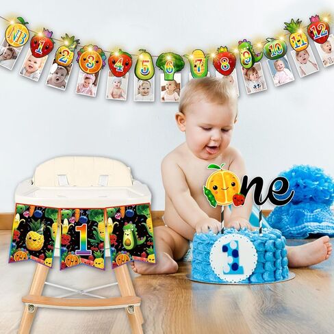 Fruit 1st Birthday Decorations, Dancing Fruit 1st Birthday Decorations Banner Cupcake Topper Highchair Banner First Birthday Crown for Fruit Birthday Decorations for Boys Girls in Kuwait