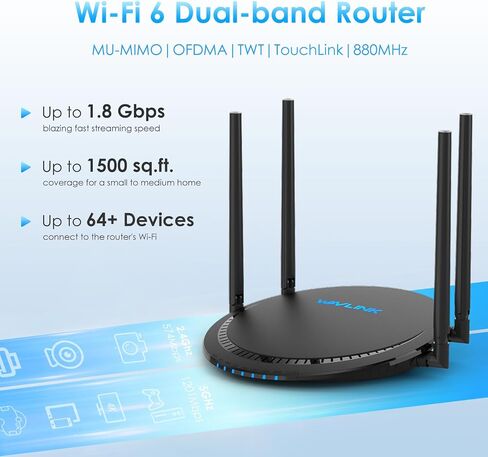 راوتر WAVLINK WiFi 6، راوتر لاسلكي AX1800، إنترنت جيجابت واي فاي ثنائي النطاق يصل إلى 1500 قدم مربع وأكثر من 64 جهاز، جهاز توجيه، TouchLink، الرقابة الأبوية، جودة الخدمة، للمنزل in Saudi Arabia