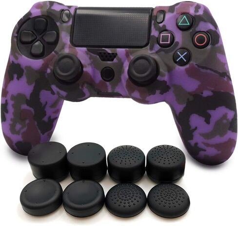 مجموعة غطاء سيليكون ناعم مضاد للانزلاق لوحدة تحكم PlaySation 4 (الاسم المستعار Wireless DualShock 4) والتي تحتوي على قطعة واحدة من جلد وحدة التحكم المموهة الأرجوانية + 8 قطع من أغطية قبضة الإبهام in Kuwait