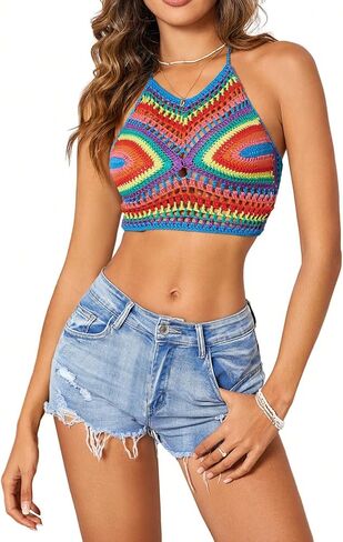 COZYEASE Women's Hollow Out Crochet Cover Up Halter Crop Tops Tropical Beachwear Cami Tops in Saudi Arabia
