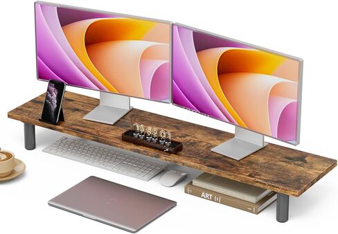 حامل شاشة مزدوج كبير لشاشتين، حامل شاشة مزدوج قابل للتعديل مع حامل هاتف للمكتب، الطابعة، التلفزيون (خشب ريفي) in Kuwait