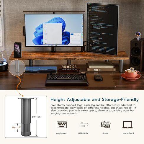 حامل شاشة مزدوج كبير لشاشتين، حامل شاشة مزدوج قابل للتعديل مع حامل هاتف للمكتب، الطابعة، التلفزيون (خشب ريفي) in Kuwait