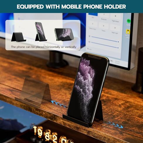 حامل شاشة مزدوج كبير لشاشتين، حامل شاشة مزدوج قابل للتعديل مع حامل هاتف للمكتب، الطابعة، التلفزيون (خشب ريفي) in Kuwait