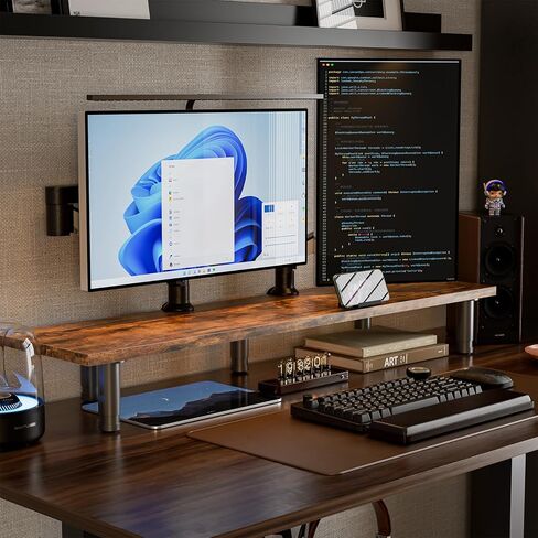 حامل شاشة مزدوج كبير لشاشتين، حامل شاشة مزدوج قابل للتعديل مع حامل هاتف للمكتب، الطابعة، التلفزيون (خشب ريفي) in Kuwait