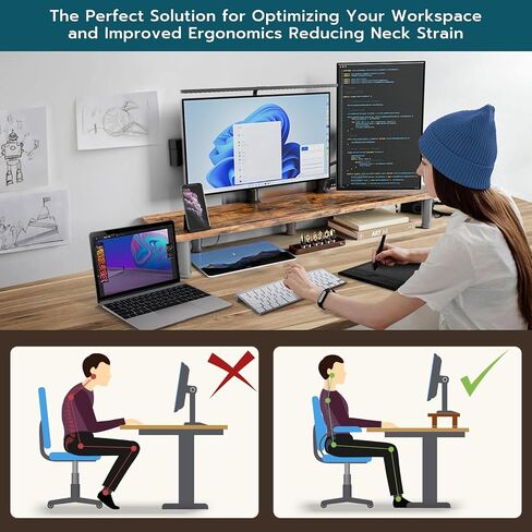 حامل شاشة مزدوج كبير لشاشتين، حامل شاشة مزدوج قابل للتعديل مع حامل هاتف للمكتب، الطابعة، التلفزيون (خشب ريفي) in Kuwait