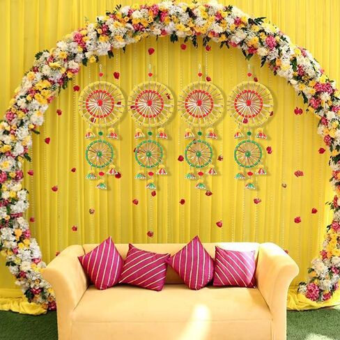 Smizzy Handmade Door Hangings for Home Decoration / 3 Rings Wall Hangings for Haldi Mehandi Temple Decor|Pooja Room Decoration Items (Pack of 4, Multicolor) in Saudi Arabia
