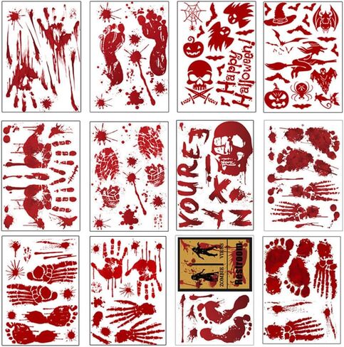 12 Sheets Halloween Decorations Blood Handprint Footprint Fingerprint Halloween Sticker Wall Window Floor Decor Horror Blood Sticker Haunted House Decor Party in Saudi Arabia