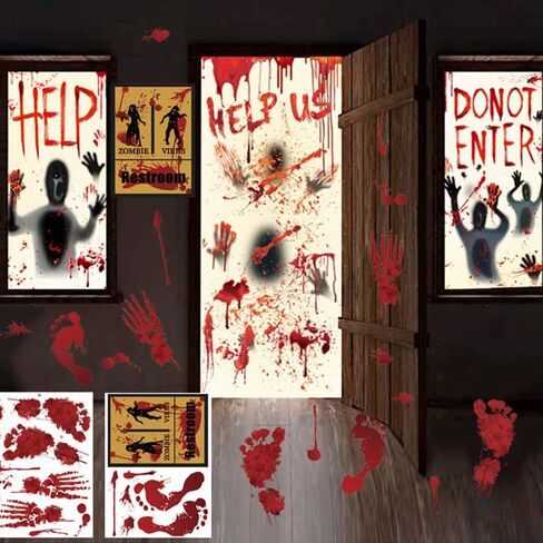 12 Sheets Halloween Decorations Blood Handprint Footprint Fingerprint Halloween Sticker Wall Window Floor Decor Horror Blood Sticker Haunted House Decor Party in Saudi Arabia