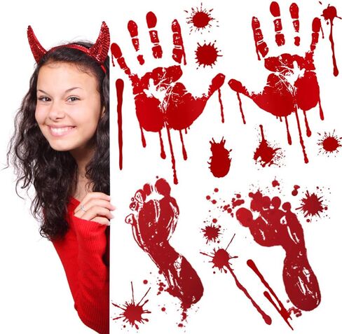 12 Sheets Halloween Decorations Blood Handprint Footprint Fingerprint Halloween Sticker Wall Window Floor Decor Horror Blood Sticker Haunted House Decor Party in Saudi Arabia