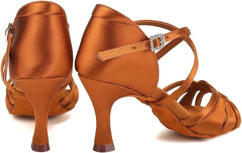 أحذية نسائية احترافية للرقص اللاتيني بلون أسمر مفتوح عند الأصابع لقاعة الرقص السالسا أحذية الرقص الأداء بكعب 3 بوصات، 7.5 US in Kuwait
