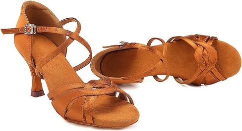 أحذية نسائية احترافية للرقص اللاتيني بلون أسمر مفتوح عند الأصابع لقاعة الرقص السالسا أحذية الرقص الأداء بكعب 3 بوصات، 7.5 US in Kuwait