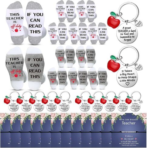 36 Pieces Teacher Appreciation Gifts 12 Pairs Funny Teacher Unisex Socks 12 Pieces Teacher Gift Code Bracelets 12 Pieces Teacher Apple Keychains for Teacher's Day Birthday Christmas in Saudi Arabia