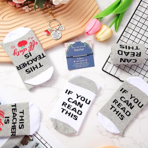 36 Pieces Teacher Appreciation Gifts 12 Pairs Funny Teacher Unisex Socks 12 Pieces Teacher Gift Code Bracelets 12 Pieces Teacher Apple Keychains for Teacher's Day Birthday Christmas in Saudi Arabia