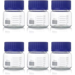 6 Pack Graduated Round Reagent Bottle Set, Wide Mouth Borosilicate Glass Lab Media Storage with GL80 Blue Polypropylene Screw Caps, Leakproof and Autoclavable (250ml)