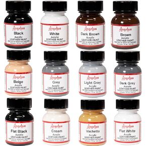 Angelus Acrylic Leather Paint Starter Kit Set of 12 Pack Paint 1oz Blacks, Browns, Whites, Grey, Beige, Cream