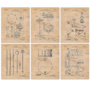 Vintage Drums Equipment Patent Prints, 6 (8x10) Unframed Photos, Wall Art Decor Gifts for Home Office Garage Man Cave DJ Musician College Student Teacher Coach School Rock Band Drummer Beats Champion