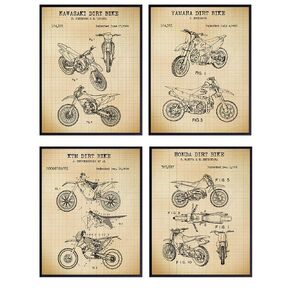 Motorcycle Dirt Bike Patent Art Prints - Vintage Wall Art Poster Set - Chic Rustic Home Decor for Man Cave, Boys, Kids, Teens Room, Office, Garage, Den - Gift for Dirtbike Fans - 8x10 Photo - Unframed