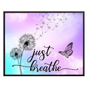 Just Breathe Wall Art - positive Quotes Purple Office Wall Decor for Women - Farmhouse Bedroom Inspirational Wall Decor - Motivational Wall Decor Shabby Chic Art - Zen Spa Wall Art, Butterfly Wall Art