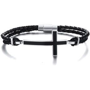 LG Gifts Ltd. سوار متقاطع من الجلد الأسود المضفر والستانلس ستيل للرجال المسيحيين | سوار معصم متقاطع من الجلد المسيحي للرجال in Kuwait