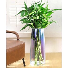 Iridescent Glass and Bamboo Floor Vase - 18 Inch Tall Plant Glass Cylinder Vase for Hydroponic Plants and Flowers