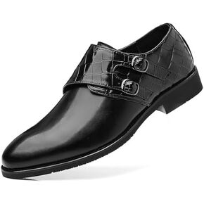 Men Leather Double Monk Strap Pointed Toe Slip On Dress Loafers Casual Comfort Non-Slip Oxfords Formal Business Tuxedo Dress Shoes
