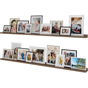 Wallniture Denver 60" Long Floating Shelves for Wall Decor, Narrow Picture Ledge Shelf Vinyl Record Holder Wood Shelves for Picture Frame Collage Set of 2 Walnut Color