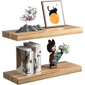 16.5in Floating Shelves, Natural Solid Wood Shelf Set of 2, Wall Shelves with Invisible Brackets, Rustic Wooden Wall Mounted Shelves for Bedroom/Living Room, Hold Up to 25lbs, Renter Friendly