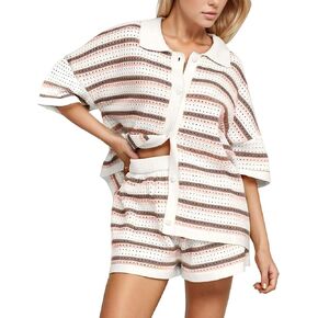 Yimoon Womens Striped Knit Pajama Set Short Sleeve Button Shirt Matching Shorts 2 Piece Outfits Crochet Lounge Set