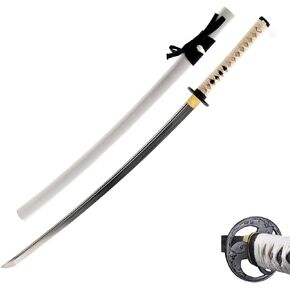 HMS Japanese Samurai Katana Sword, Tomoe Crest Tsuba, Hand Forged, 1045 Carbon Steel, White Scabbard, Sharp, Battle Ready