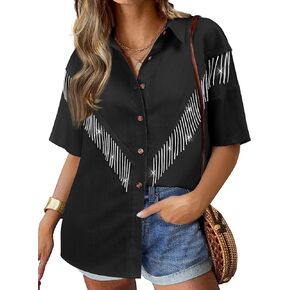 Nlife Womens Nashville Sparkly Rhinestone Fringe Buttons Shacket Concert Outfits Short Sleeves Spakle Tassel Shirts