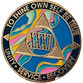 32 Year AA Medallion Elegant Marble Tahiti Teal Blue and Pink Gold Plated Chip