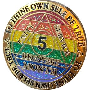 5 Month AA Medallion Reflex Rainbow Glitter Gold Sobriety Chip