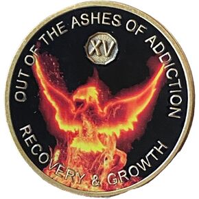 15 Year Out of The Ashes of Addiction Medallion Phoenix Flames Clean Time Chip