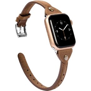 Wearlizer Thin Leather Compatible with Apple Watch Bands 38mm 40mm 41mm for iWatch SE Slim Strap Womens Mens Wristbands Leisure Narrow Tan Bracelet (Metal Silver Buckle) Series 9 8 7 6 5 4 3 2 1