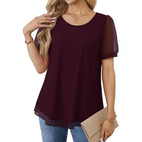 OFEEFAN Womens Mesh Blouses Dressy Casual Puff Sleeve Mesh Tops Summer Blouses Loose Fit