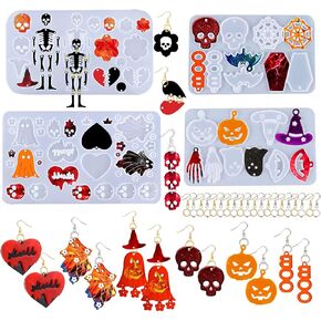 224 PCS Halloween Earring Resin Molds with Hole, Halloween Silicone Molds with 80 Earring Hooks Skull Pumpkin Bat Spider Earring Epoxy Resin Jewelry Mold Halloween Pendant Keychain