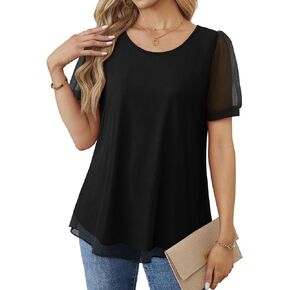 OFEEFAN Womens Mesh Blouses Dressy Casual Puff Sleeve Mesh Tops Summer Blouses Loose Fit