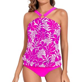 Daci Women Tankini Swimsuits Halter High Neck Two Piece Tummy Control Bathing Suits Blouson Swim Tank Top with Bottom