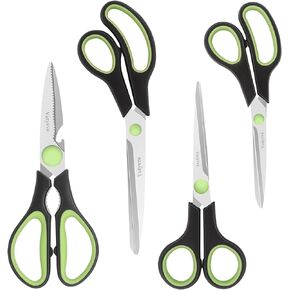 Kitchen Scissors, Stainless Steel Blades, Soft Grip, Multi-Purpose Heavy Duty Kitchen Scissors Set, Black/Green, 4 Piece Set