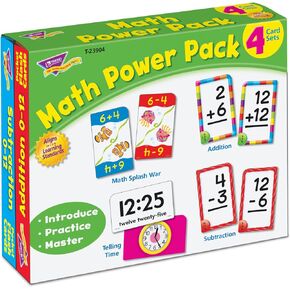 Trend Enterprises: Math Power Pack, 4 Flash Card Set includes Math Splash War, Addition 0-12, Subtraction 0-12, Telling Time Flash Cards, Self-Checking Design, for Ages 3 and Up
