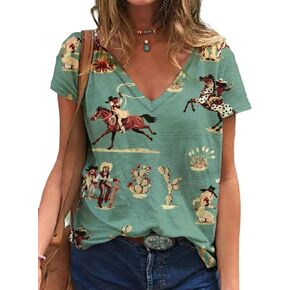 Women's Western Cactus Horse V-Neck T-Shirts Tops Vintage Pattern T-Shirt Novelty Short Sleeve T-Shirt Top