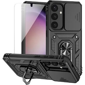 for Samsung Galaxy S24 Plus Case with Camera Lens Cover HD Screen Protector, Military-Grade Drop Tested Magnetic Ring Holder Kickstand Protective Phone Case for Samsung Galaxy S24 Plus (Black)