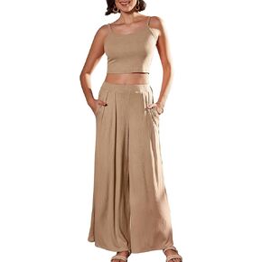 Women's 2 Piece Lounge Sets Summer Outfits Ribbed Knit Tank Tops Wide Leg Pants Pajamas Set Loungewear