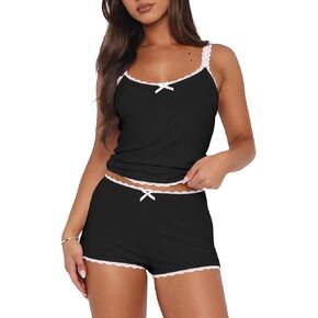 RUEWEY Women's Spaghetti Strap Pajama Set Ruffle Trim Crop Cami Top and Shorts PJ Set 2 Piece Lingerie Set