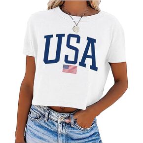 Womens American Flag Crop Tops 4th of July Patriotic Tshirt Casual Short Sleeve Crop Tee Teen Girls Crop Top