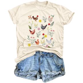 Chicken Shirt Women Wildflower Chicken Shirt Cute Chicken Mom T-Shirt Farm Country Casual Tee Tops