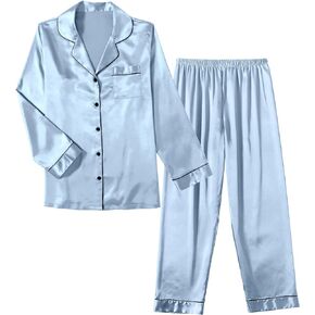 Ekouaer Women Satin Pajamas Set Classic Button Down Long Pjs Set