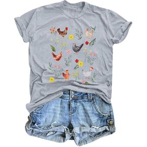 Chicken Shirt Women Wildflower Chicken Shirt Cute Chicken Mom T-Shirt Farm Country Casual Tee Tops