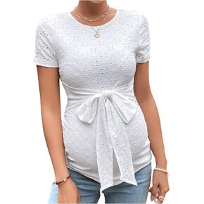 MakeMeChic Women's Maternity Tops Tie Front Crew Neck Short Sleeve Eyelet Pregnancy Tops
